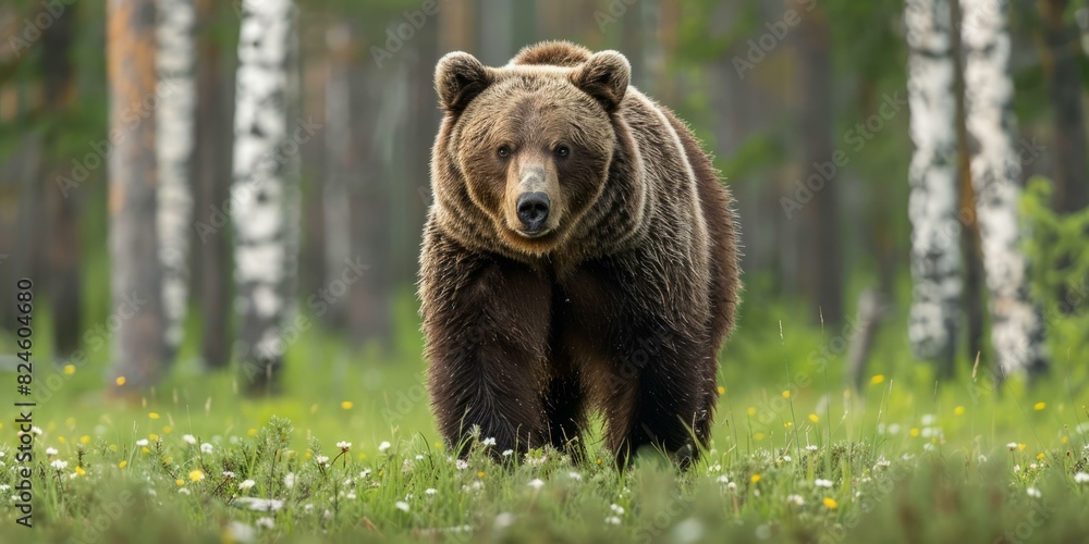 Brown Bear Walking Through a Field of Flowers