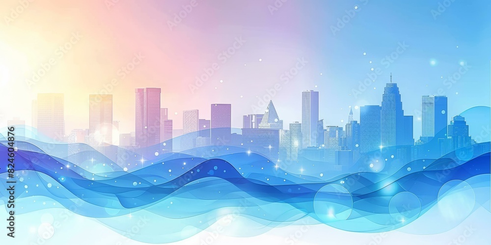 Abstract City Skyline with Wavy Blue Lines Abstract City Skyline with Wavy Blue Lines