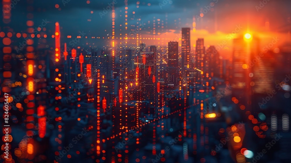 Naklejka premium double exposure of virtual creative financial diagram on contemporary business center exterior background banking and accounting concept.illustration