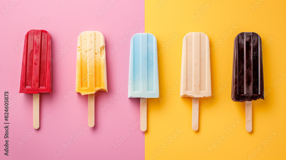 Five colorful popsicles in a row on a pink and yellow background, showcasing various flavors and a fun, summer vibe.
Five colorful popsicles in a row on a pink and yellow background, showcasing various flavors and a fun, summer vibe.