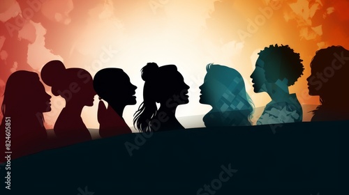 Communication group of multiethnic diversity women and girls face silhouette profile. Female social network community of diverse culture. Talk and share information. Friendship. Speak © Spear