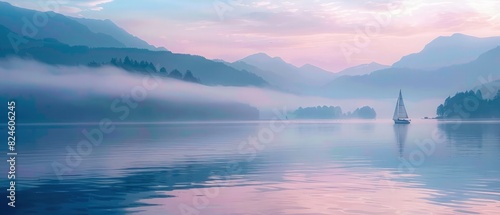 A lone sailboat drifts on a tranquil lake at dawn, surrounded by mist-covered mountains. The calm water reflects the pastel colors of the sunrise, creating a serene and peaceful scene