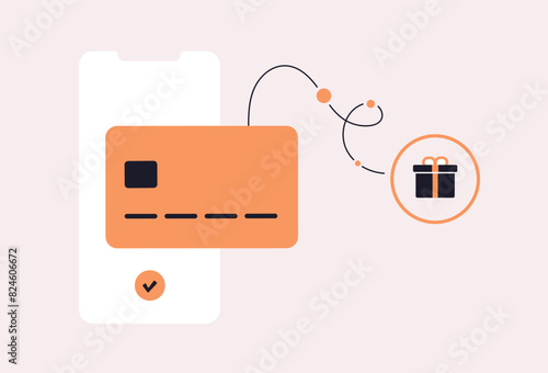 Neobank loyalty programs. Cashback on purchases with bank card payments. Loyalty for creating stronger relationships with customers and like-minded fintech community. Flat vector illustration