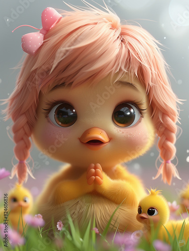 there is a little girl with pink hair and a bunch of little ducks