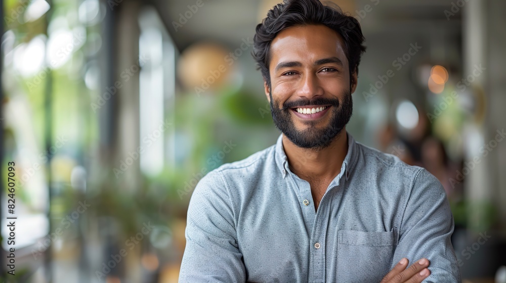 Fototapeta premium smiling indian business man employee or manager standing isolated on gray background holding laptop advertising online products business trainings and webinars websites or services illustration image
