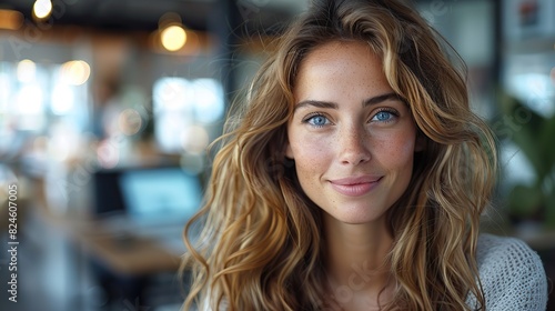 Wallpaper Mural smiling female professional executive using computer in corporate office looking at camera stock image Torontodigital.ca