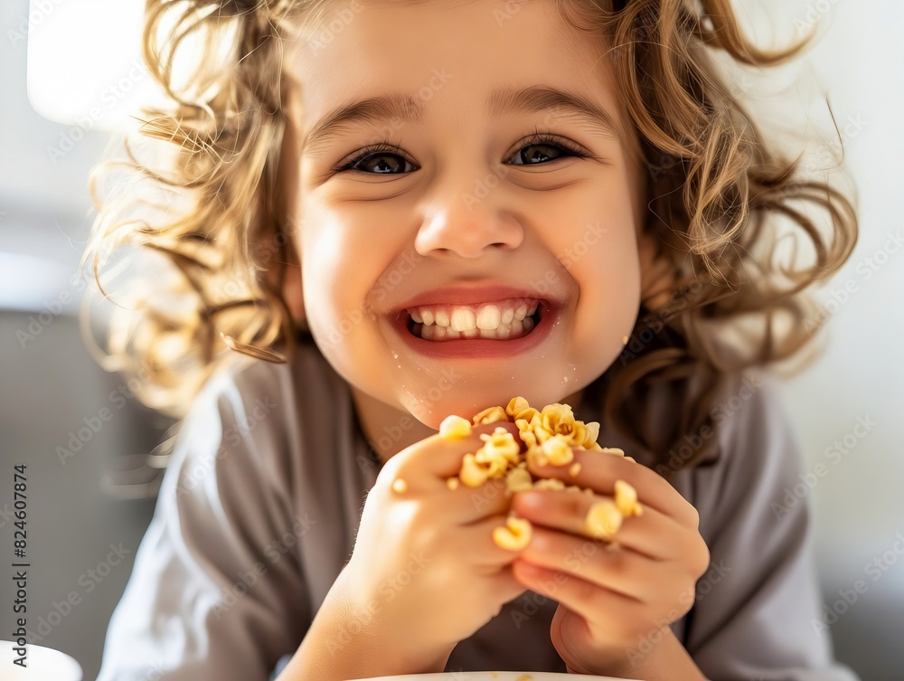 A little girl eating popcorn while smiling. A little girl eating popcorn while smiling.