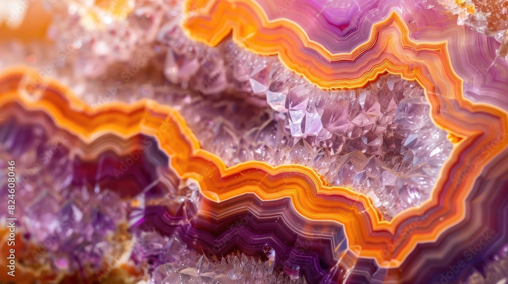 Closeup of cross section of agate crystal from fine textured background with distinct vibrant orange and violet color wavy lines with tiny molecules of min