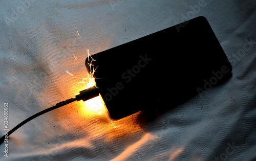 Cell phone battery failure. A smartphone can quickly catch fire and set fire to a house, apartment, or car. there is a risk of burns to the device user. flames surround the entire tablet laptop comp