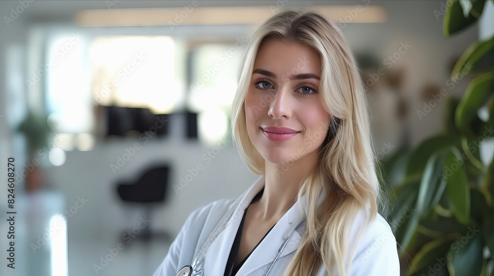 A beautiful blonde woman in a white coat standing in an office. A beautiful blonde woman in a white coat standing in an office.