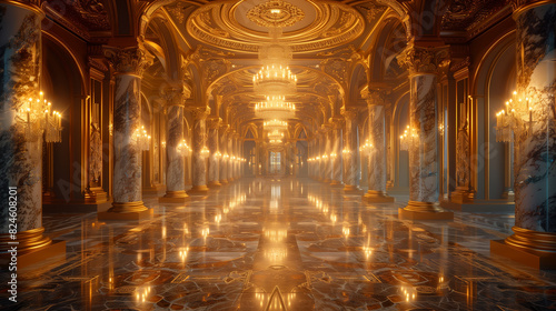 there is a large hall with a chandelier and a marble floor