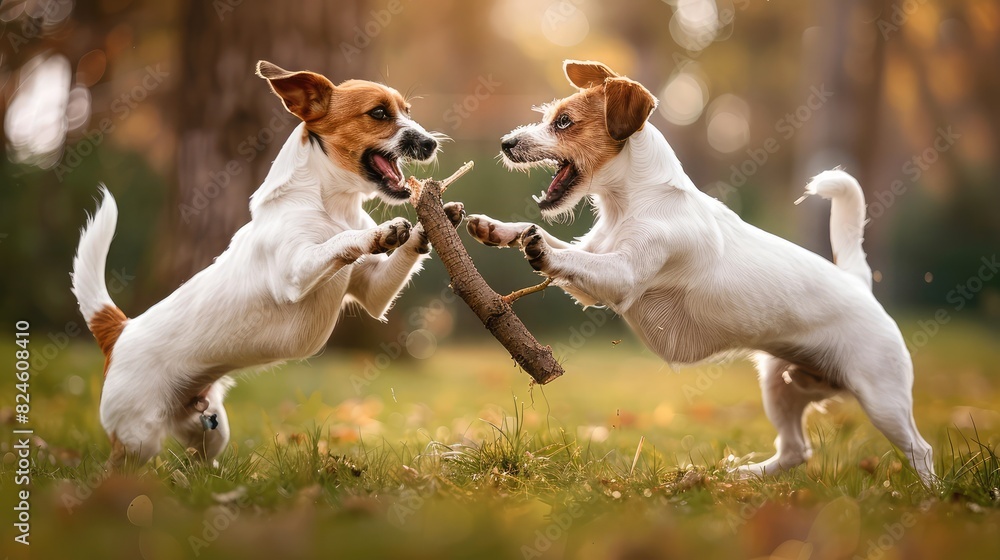 Two jack russells fight over stick on the grass in the park
