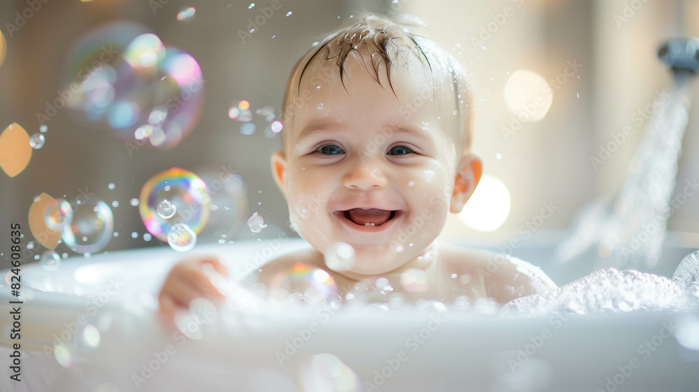 A baby laughing and splashing in a bathtub filled with bubbles. Ai generated A baby laughing and splashing in a bathtub filled with bubbles. Ai generated