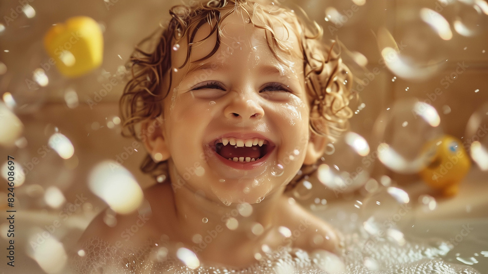A baby laughing and splashing in a bathtub filled with bubbles. Ai generated A baby laughing and splashing in a bathtub filled with bubbles. Ai generated