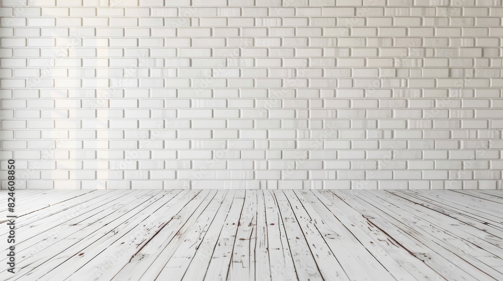 Fototapeta premium Whitewashed brick wall and wooden floor.room with wooden floor