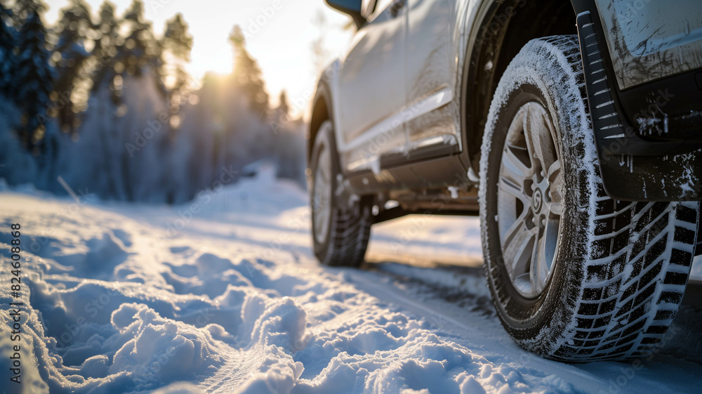Naklejka premium A close-up shot of an SUV's winter tires gripping the snowy road, emphasizing safety and stability. Ai generated