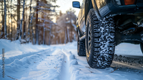 A close-up shot of an SUV's winter tires gripping the snowy road, emphasizing safety and stability. Ai generated