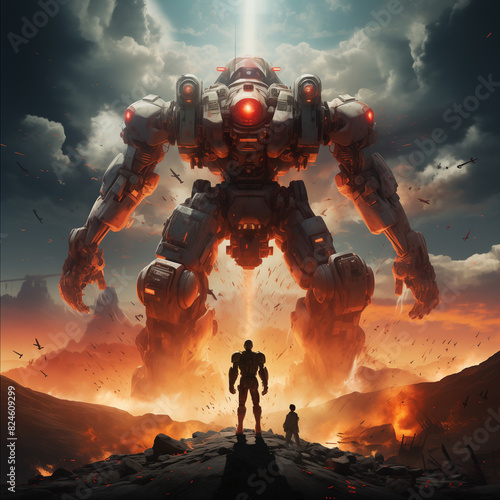 arafed image of a man standing on a hill with a giant robot in the background photo