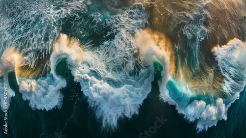 A sensational bird's eye perspective presenting the raw power and beauty of ocean waves as they surge and collide. Ai generated