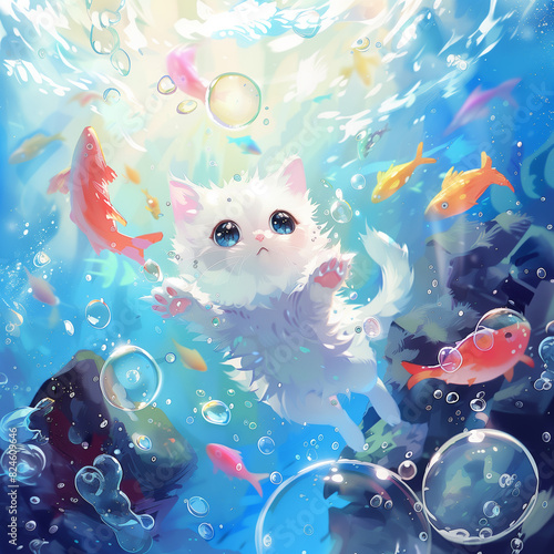 there is a cat that is floating in the water with fish
