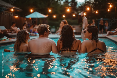 Group of friends enjoying an evening pool party, with warm lighting and relaxed atmosphere. Socializing and fun under the night sky. © patpongstock