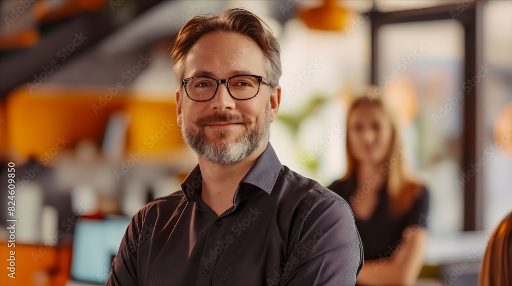 A man with glasses standing in front of a group of people. A man with glasses standing in front of a group of people.