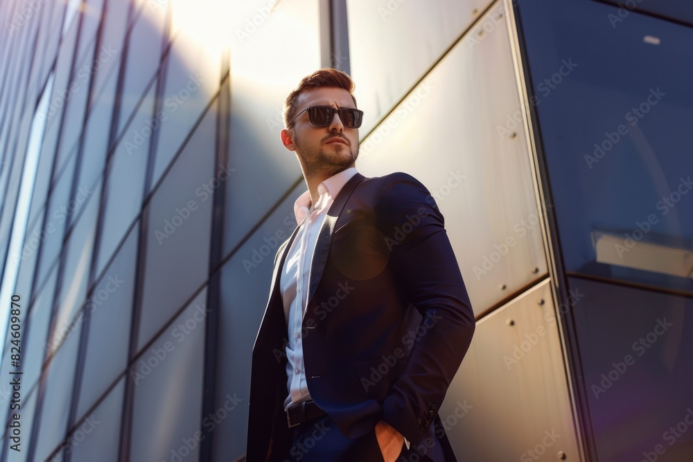 Modern Background. Elegant Businessman in Black Suit and Sunglasses on Street Modern Background. Elegant Businessman in Black Suit and Sunglasses on Street