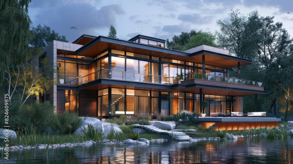 Modern Architecture Concept: Beautiful Contemporary Blue House by River at Evening