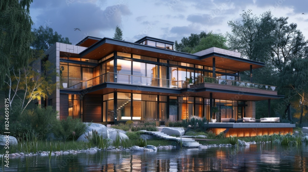 Modern Architecture Concept: Beautiful Contemporary Blue House by River at Evening Modern Architecture Concept: Beautiful Contemporary Blue House by River at Evening