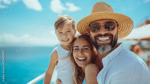 Happy family on a summer vacation, smiling and enjoying a sunny day on a yacht with a beautiful ocean background.