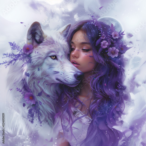 purple haired girl with white wolf and flowers in her hair photo