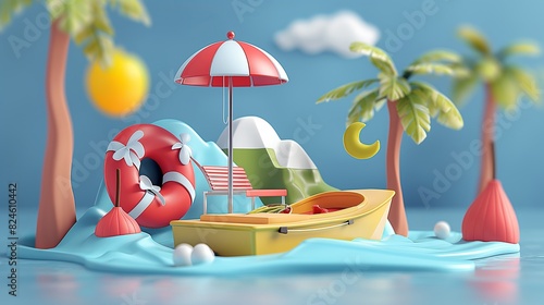 Colorful Beach Scene in Playful Stylized Illustration .Summer concept.