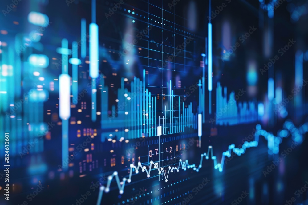 a perspective view of stock market growth, business investing, and data concepts. The composition features digital financial chart graphs, diagrams, and indicators set against a sophisticated blue a perspective view of stock market growth, business investing, and data concepts. The composition features digital financial chart graphs, diagrams, and indicators set against a sophisticated blue