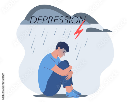 Sad male suffer from depression or mental psychological problems. Young man sitting under rain and cloud. Crisis, burnout syndrome, relationship trouble, loneliness. Flat vector illustration