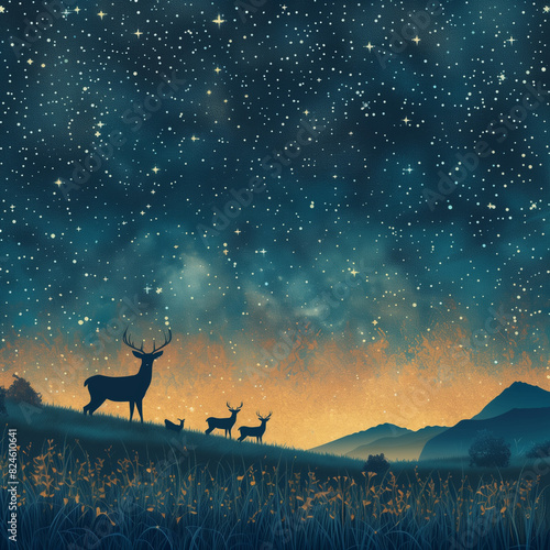 starry night with deer and fawns in a field photo