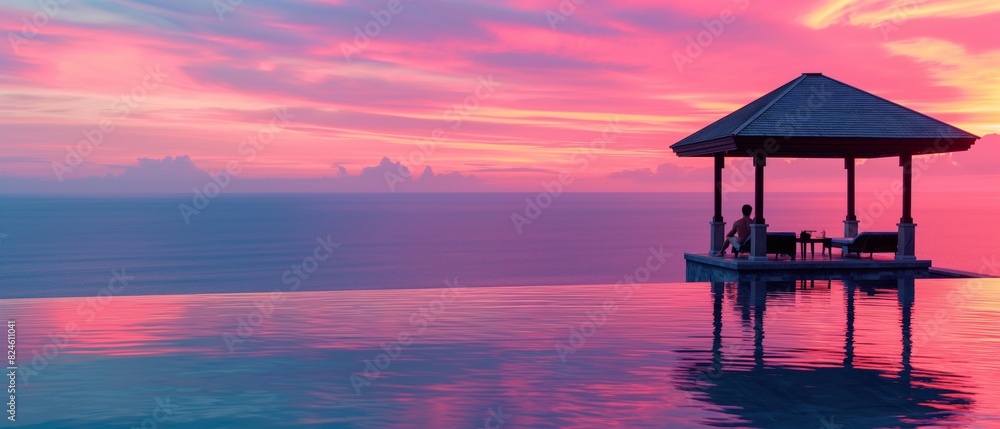 Serene sunset view over an infinity pool with a gazebo in the background, overlooking the ocean with vibrant pink and purple colors in the sky. Serene sunset view over an infinity pool with a gazebo in the background, overlooking the ocean with vibrant pink and purple colors in the sky.