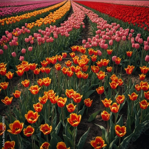 A blooming tulip field in the Netherlands.

