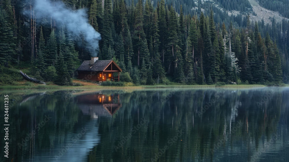 Obraz premium A solitary cabin sits by a tranquil lake, surrounded by towering pine trees. Smoke curls from the chimney, and the reflection of the cabin dances on the still water