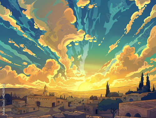illustration of a sunset over a city with a church and a church tower photo