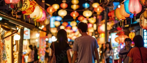 A couple walks hand-in-hand through a vibrant, lantern-lit street during a nighttime festival. The air is filled with laughter and music, and colorful decorations hang above