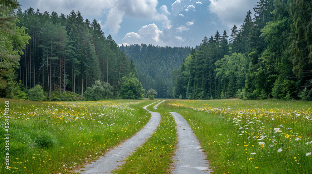 Fototapeta premium Bicycle Lane along meadow surrounded by forest.