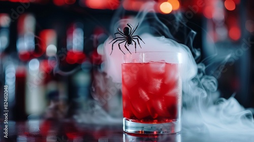 Halloween-themed drink with a red liquid, dry ice fog, and a spider sitting on the edge of the glass