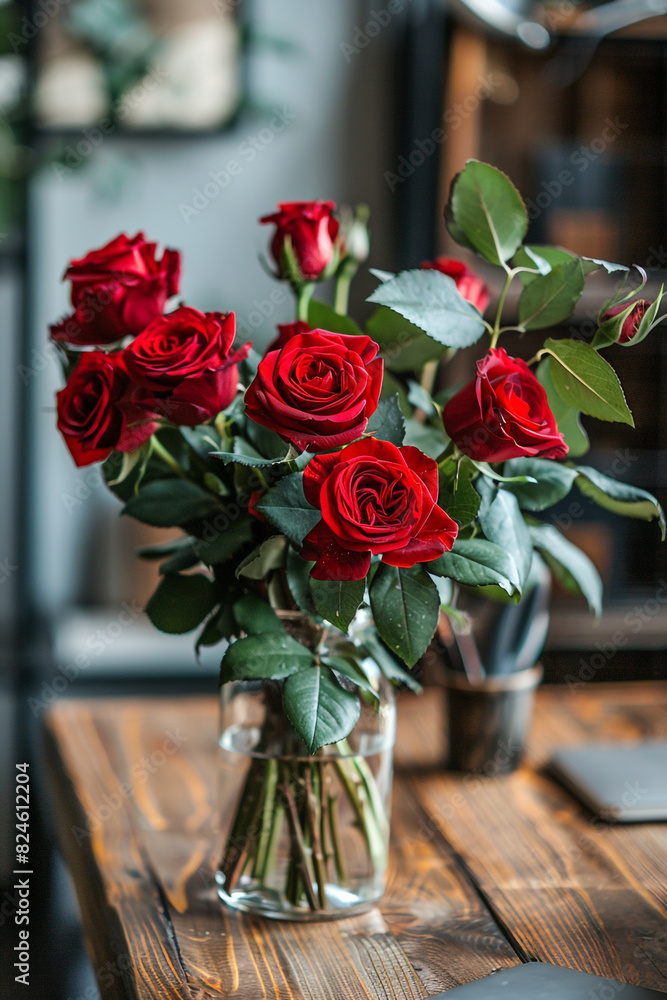 Fototapeta premium Beautiful fresh red rose sitting on a wooden desk 