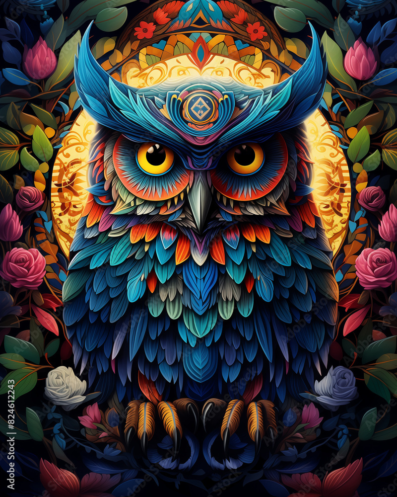 brightly colored owl with ornate feathers and flowers in a dark background