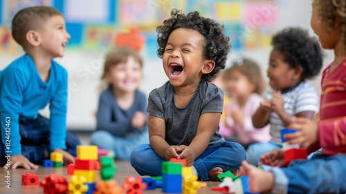 Cheerful baby toddler kids from diverse ethnicities sitting on the floor in a classroom, playing with building blocks and sharing laughs. Ai generated