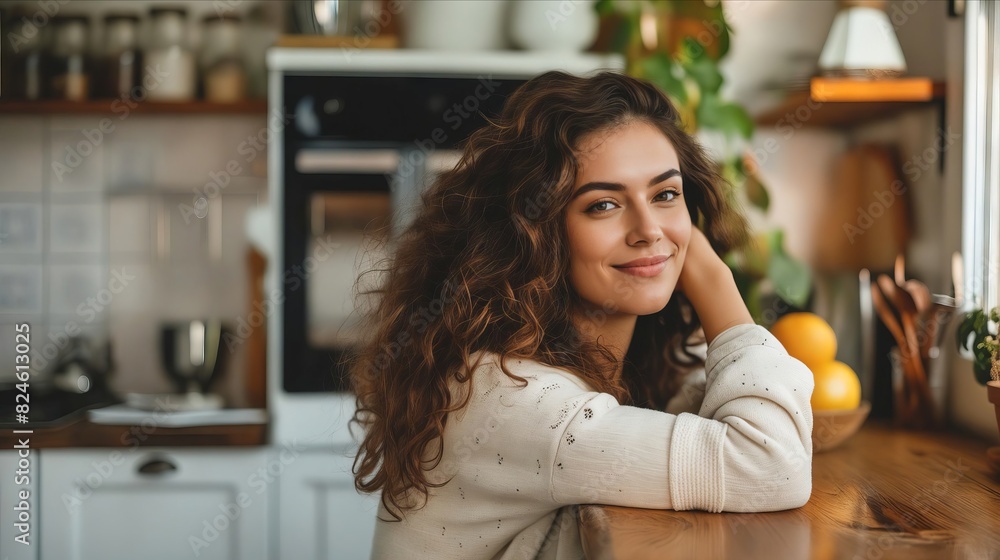 A woman smiling in a kitchen. A woman smiling in a kitchen.