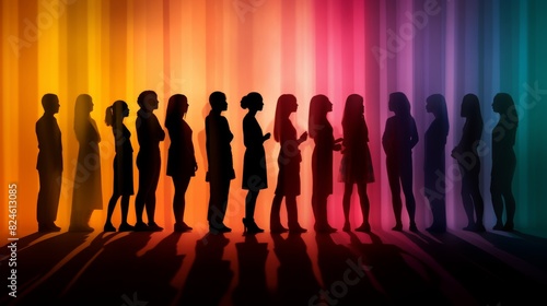 concept of Belonging Inclusion Diversity Equity DEIB or lgbtq,  group of black shadow silhouettes of girls of different cultures and skin, on rainbow multicolor background