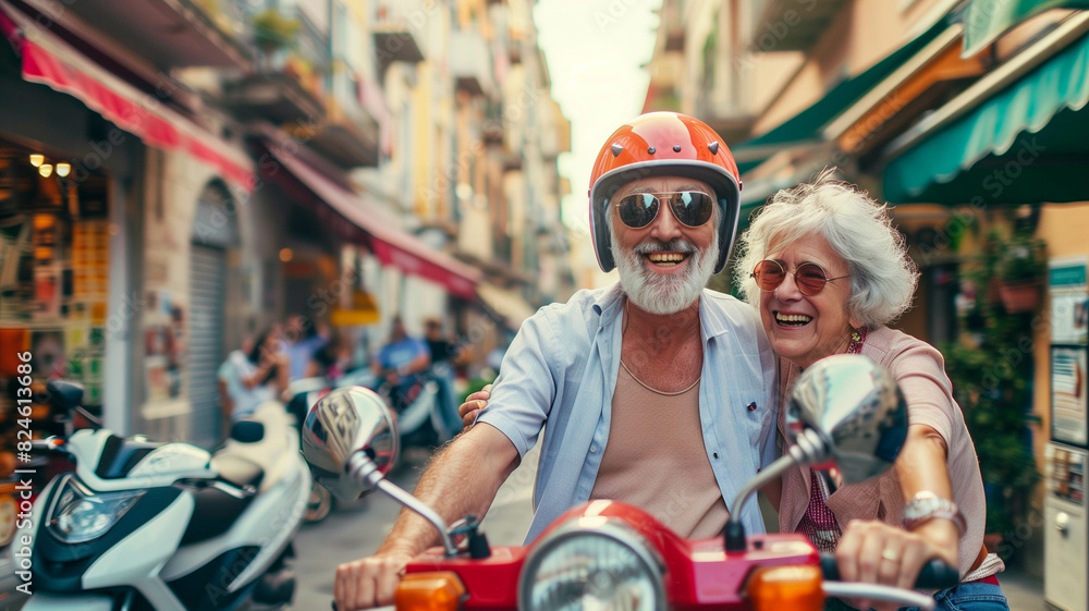 Happy seniors on a vintage scooter in the countryside of Tuscany, Italy, enjoying their holiday. Ai generated
