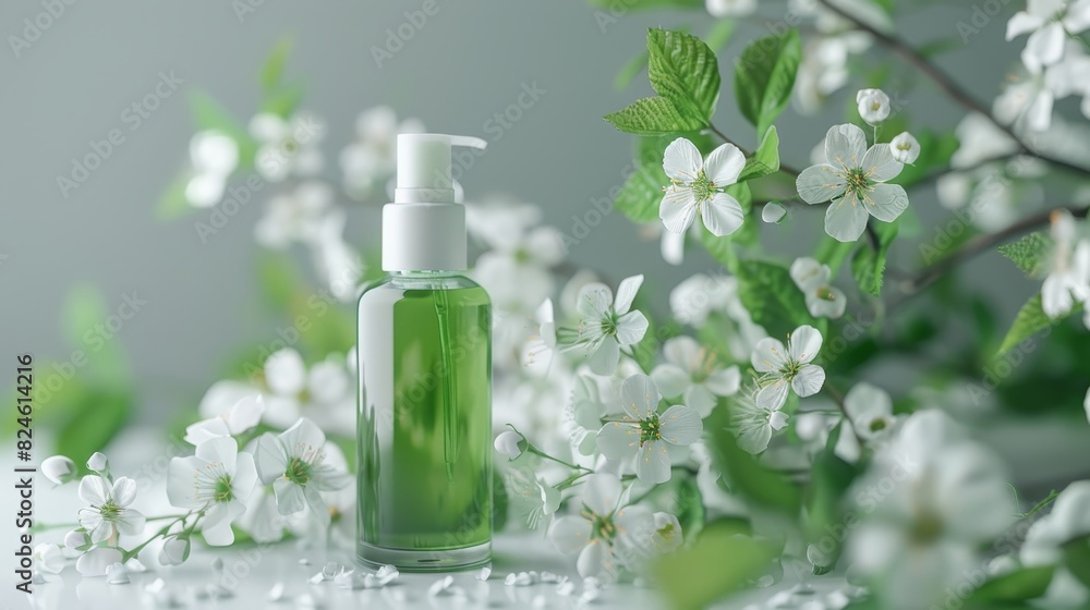 Green bottle and white cosmetic bottle mock up in close-up, adorned with delicate spring blossoms, isolated background, studio lighting Green bottle and white cosmetic bottle mock up in close-up, adorned with delicate spring blossoms, isolated background, studio lighting