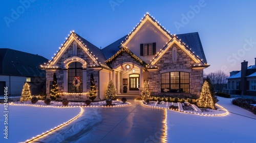 Christmas lights on fancy home in suburbs photo